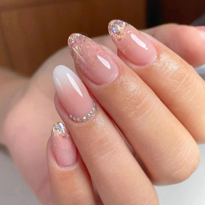 Beauty glitter powder grandient nude pink oval diamond press on nail for women