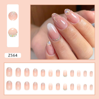 Beauty glitter powder grandient nude pink oval diamond press on nail for women