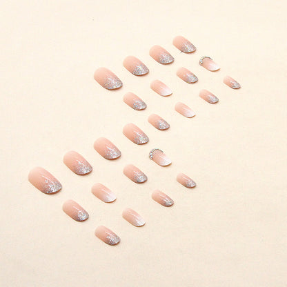 Beauty glitter powder grandient nude pink oval diamond press on nail for women