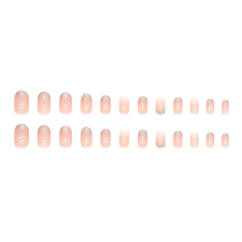 Beauty glitter powder grandient nude pink oval diamond press on nail for women