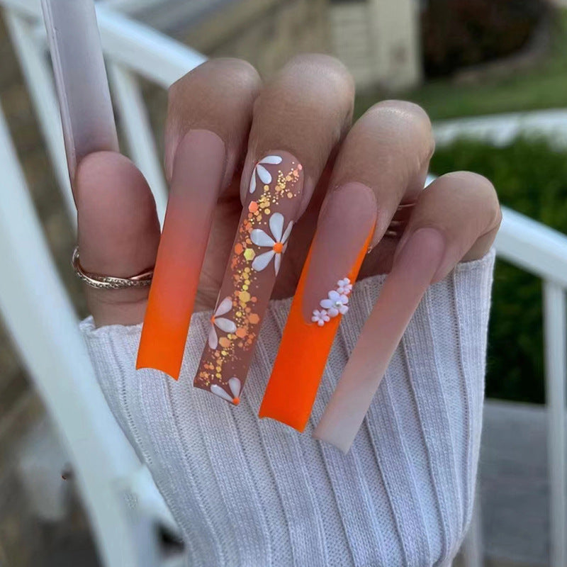 Free Shipping Frosted golden orange french length press on nail