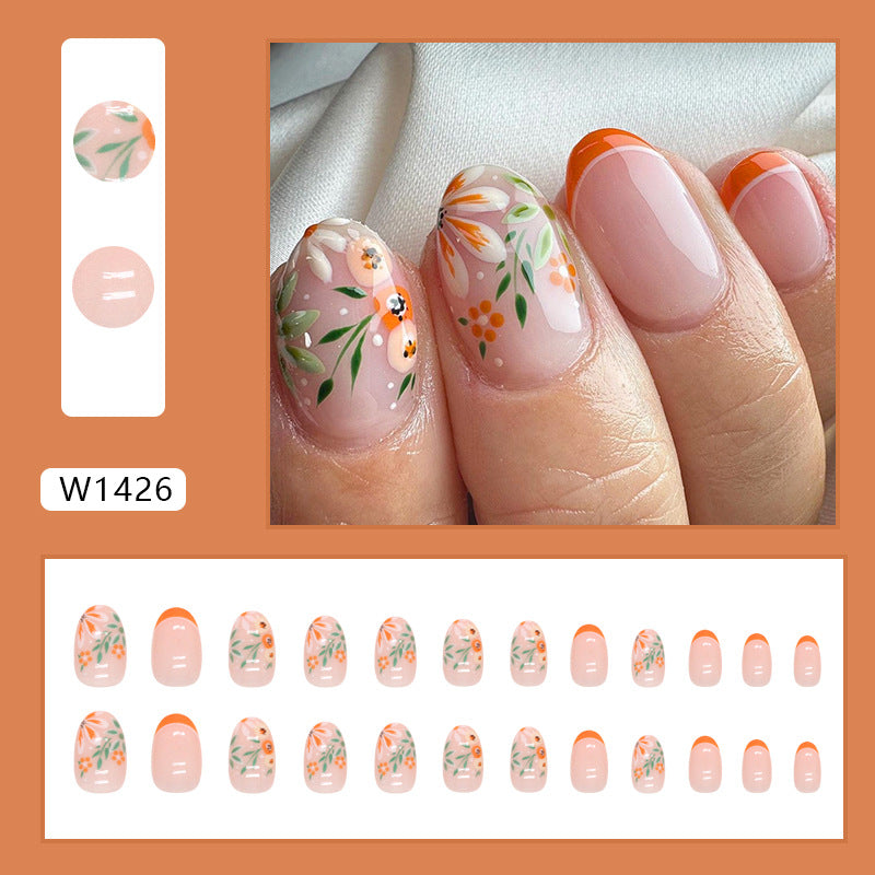 French design oval short shape orange trim flore press on nail