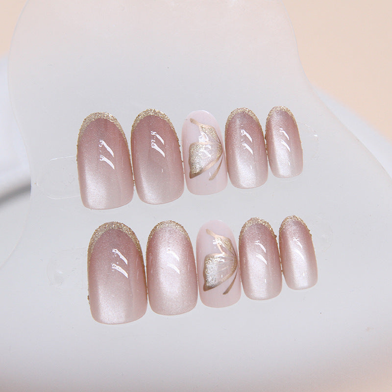 High quality cat eye 3D butterfly pattern nude color oval press on nail