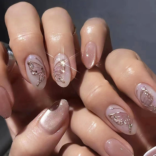 High quality cat eye 3D butterfly pattern nude color oval press on nail