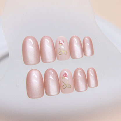 Detachable cute little fresh strawberry cat's eye press on nail with oval shape