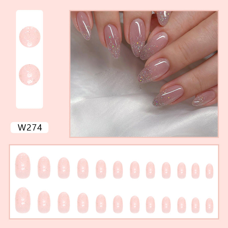 Simple design oval pink color glaze women press on nail with bling