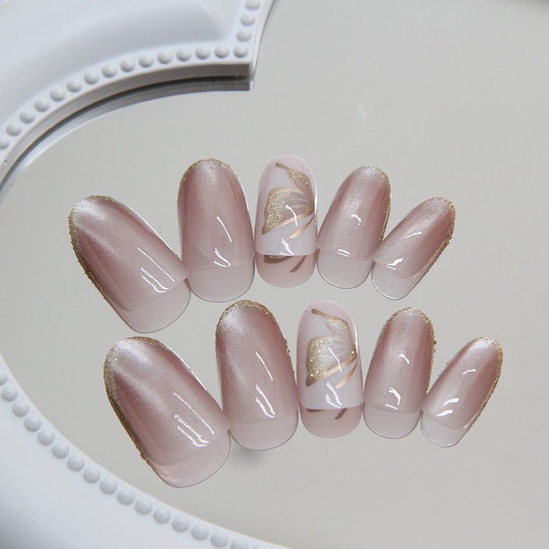 High quality cat eye 3D butterfly pattern nude color oval press on nail