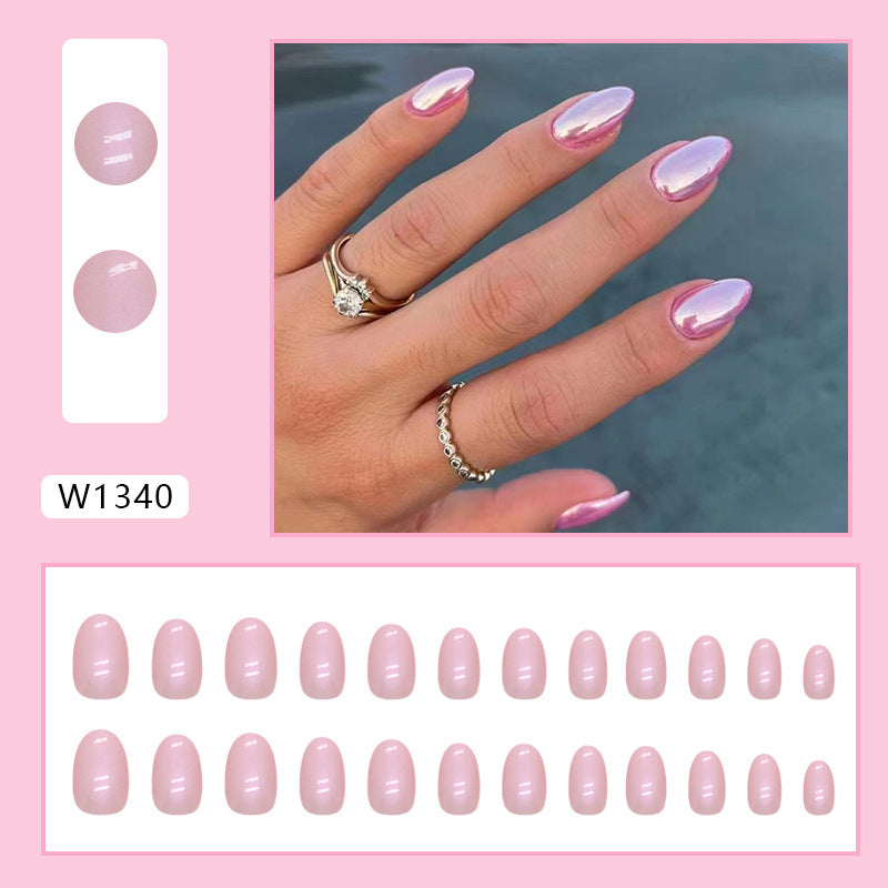 Magic mirror powder pink color women oval shape short press on nail