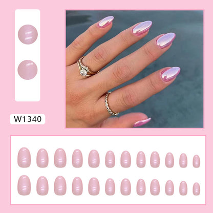 Magic mirror powder pink color women oval shape short press on nail