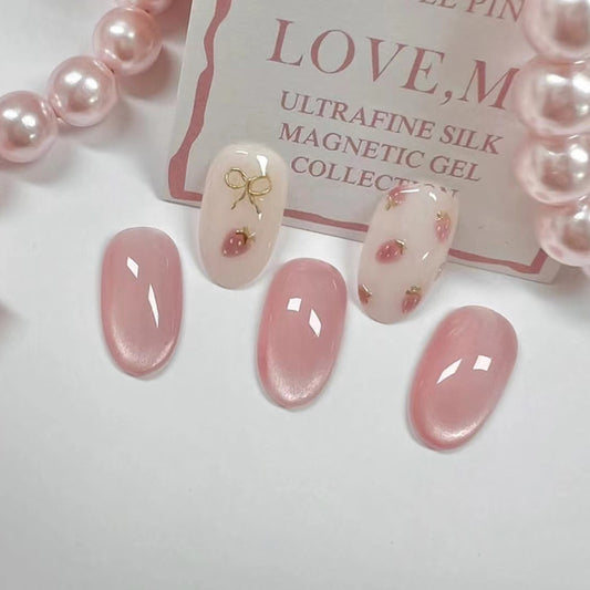 Detachable cute little fresh strawberry cat's eye press on nail with oval shape