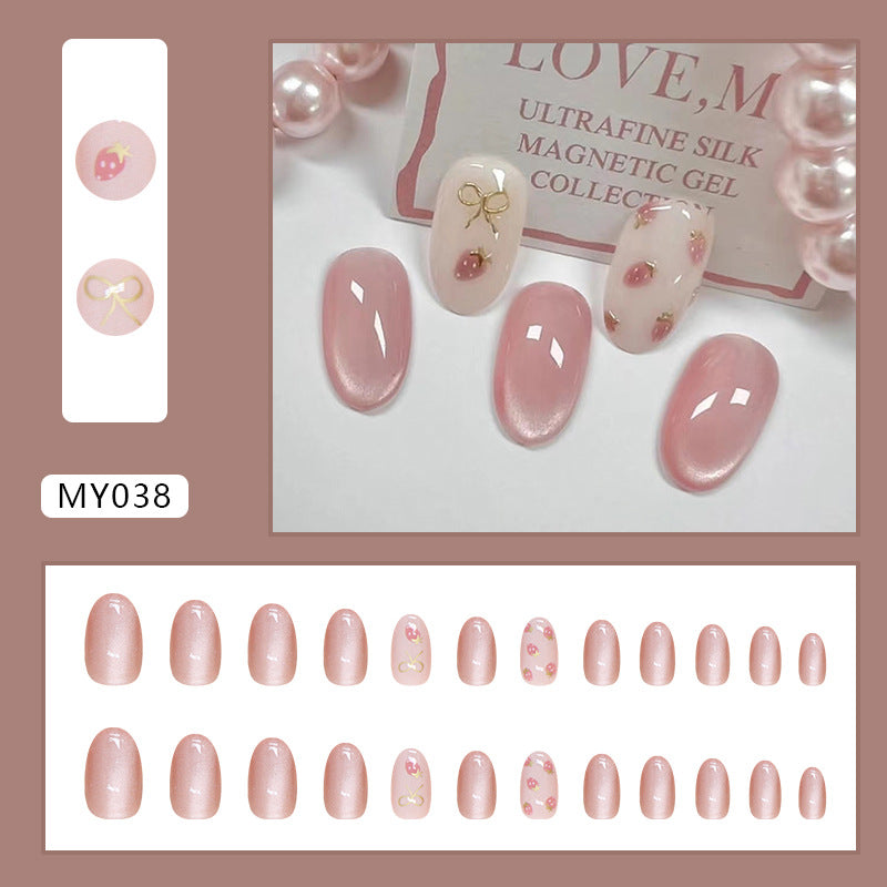 Detachable cute little fresh strawberry cat's eye press on nail with oval shape