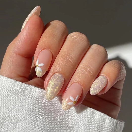 Gold blooming fake nail wearing almond 24pcs press on nail