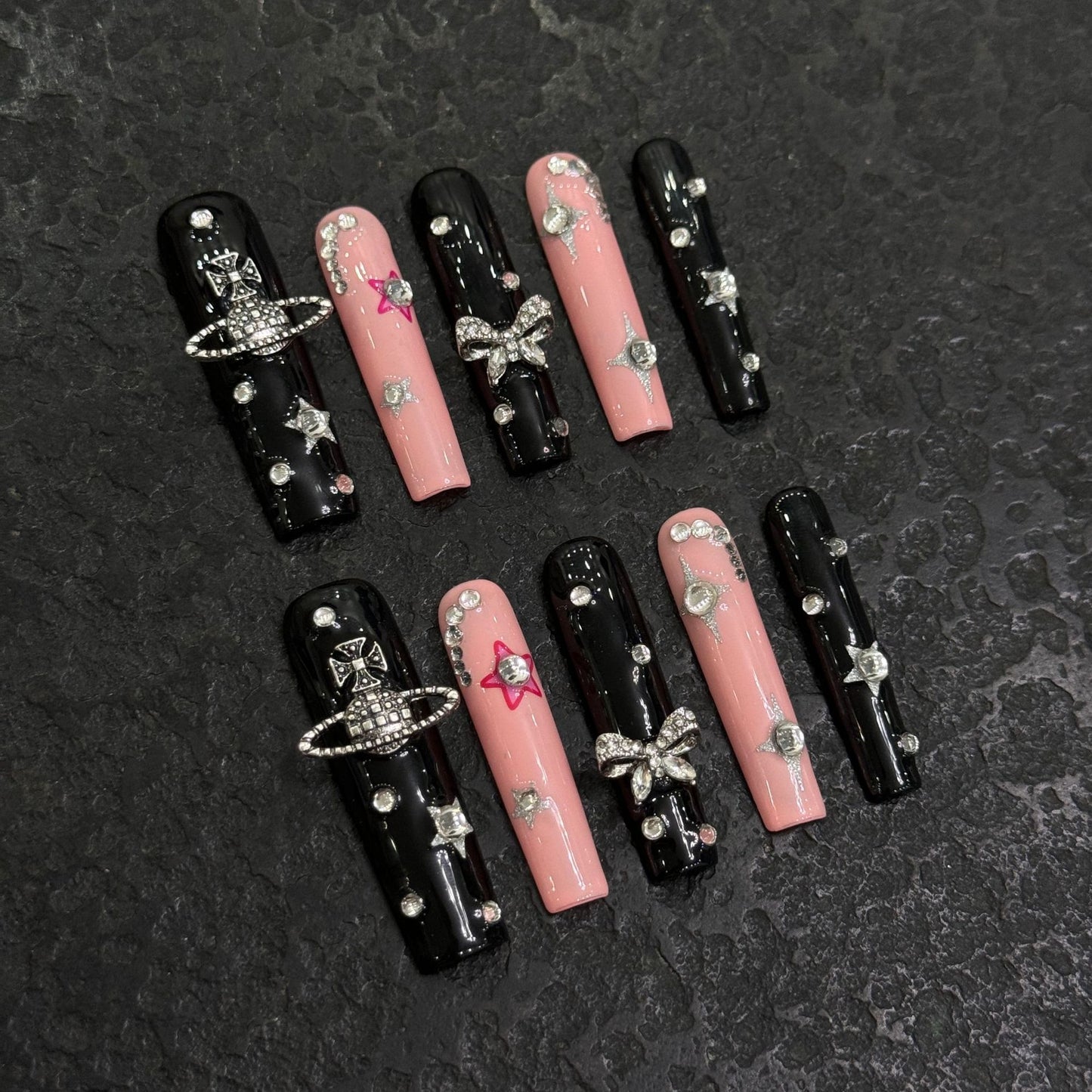 Pink black color 3D bow fake nail coffin press on nails