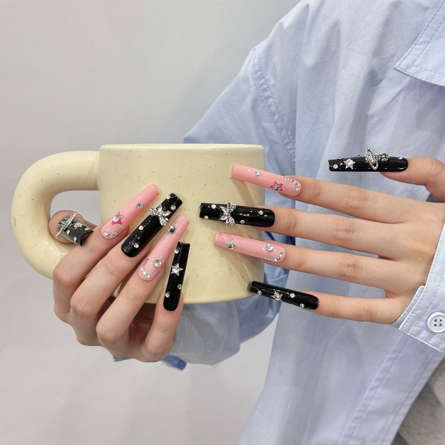 Pink black color 3D bow fake nail coffin press on nails