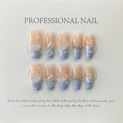 Sea salt camellia nail pink-blue summer nail art