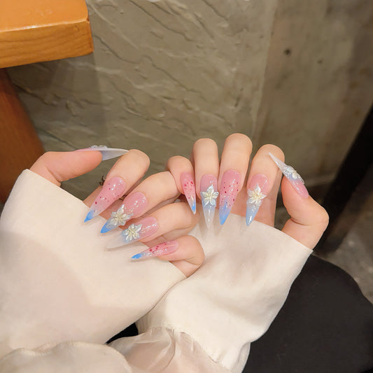 3D Lily Flower Gradient Two tone Pink-Blue Sweet Long Nail Handmade fake nails