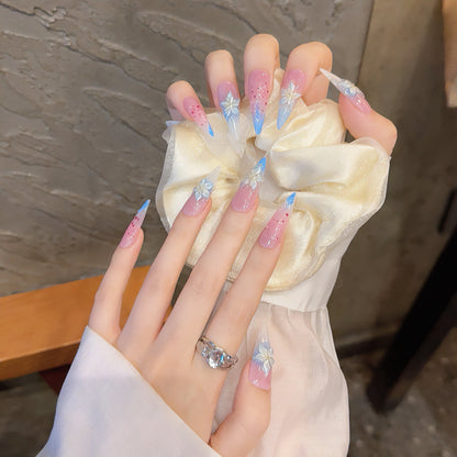 3D Lily Flower Gradient Two tone Pink-Blue Sweet Long Nail Handmade fake nails