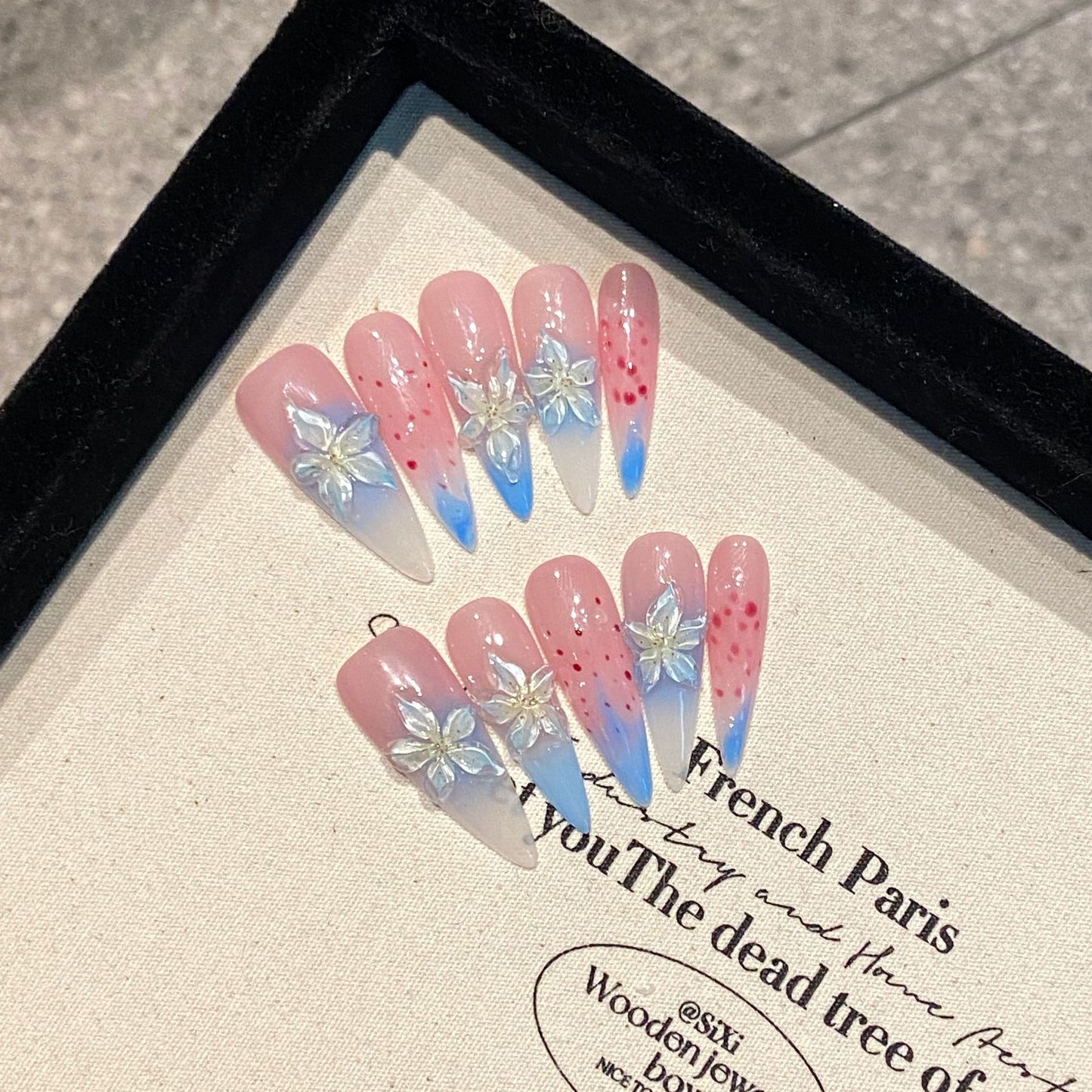 3D Lily Flower Gradient Two tone Pink-Blue Sweet Long Nail Handmade fake nails