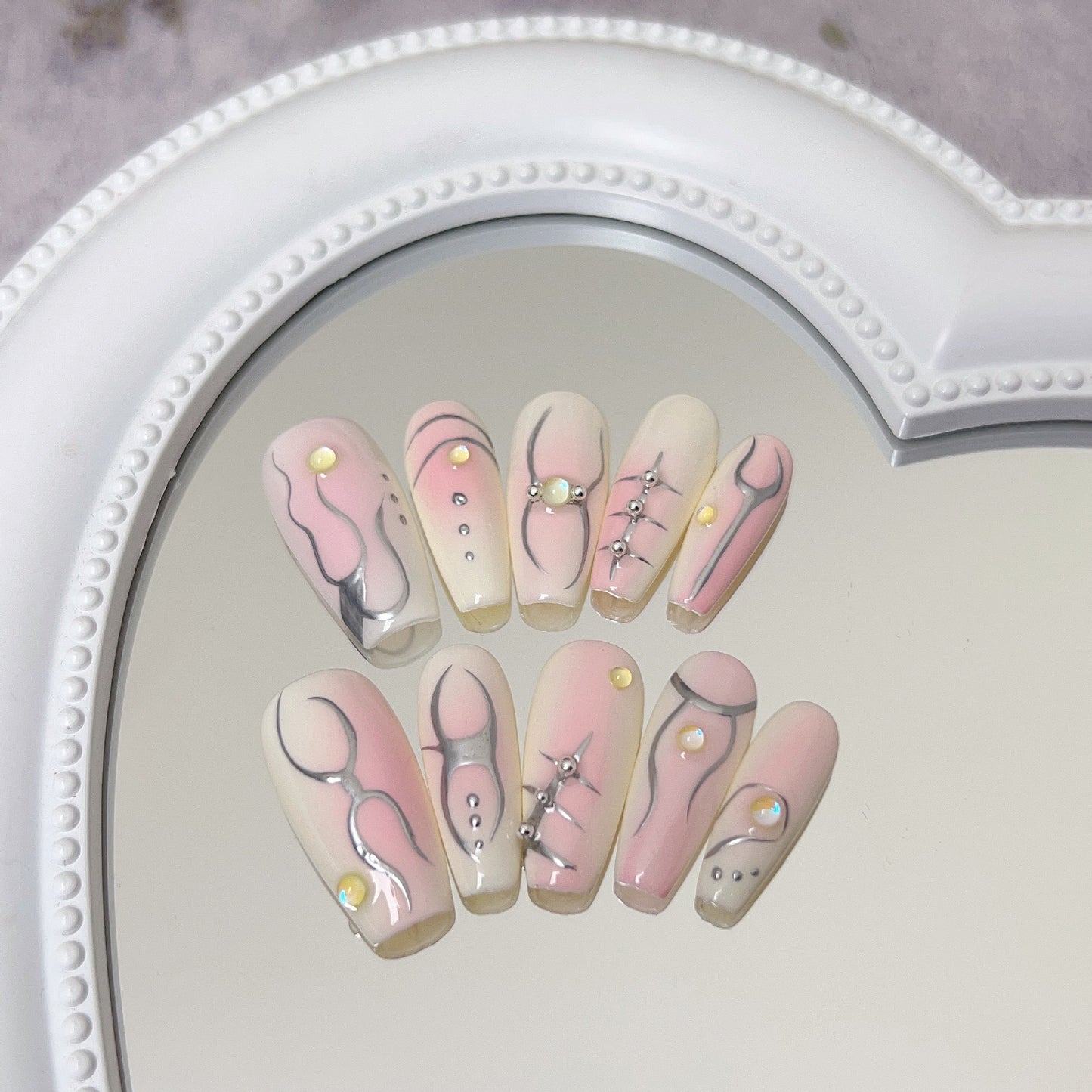 Handmade hand-painted pink blush simple lines fake nail