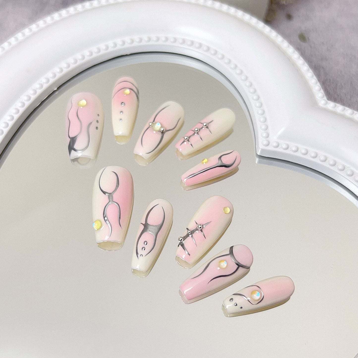 Handmade hand-painted pink blush simple lines fake nail