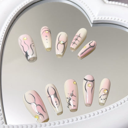 Handmade hand-painted pink blush simple lines fake nail