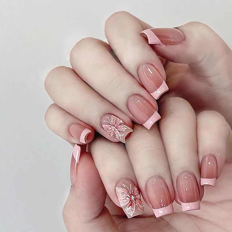 French design nude pink gradient short coffin 24pcs press on nail with 3D buttlefly