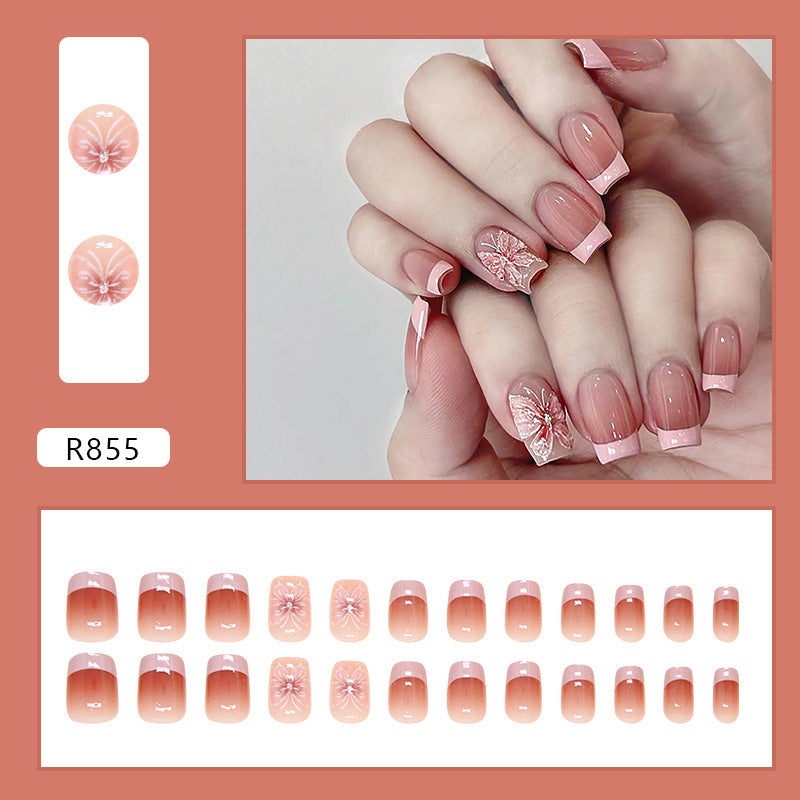 French design nude pink gradient short coffin 24pcs press on nail with 3D buttlefly