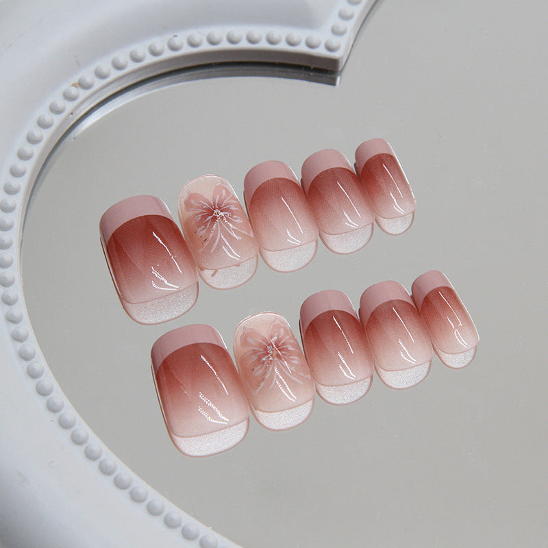 French design nude pink gradient short coffin 24pcs press on nail with 3D buttlefly