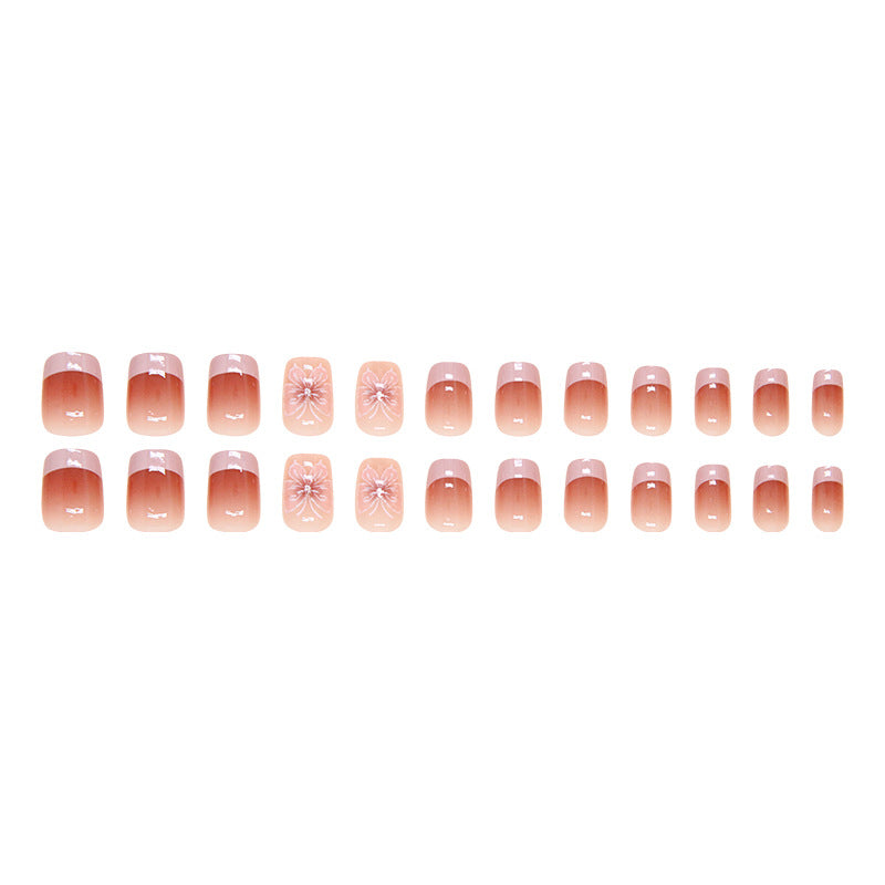 French design nude pink gradient short coffin 24pcs press on nail with 3D buttlefly