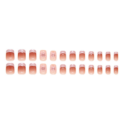 French design nude pink gradient short coffin 24pcs press on nail with 3D buttlefly