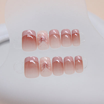 French design nude pink gradient short coffin 24pcs press on nail with 3D buttlefly