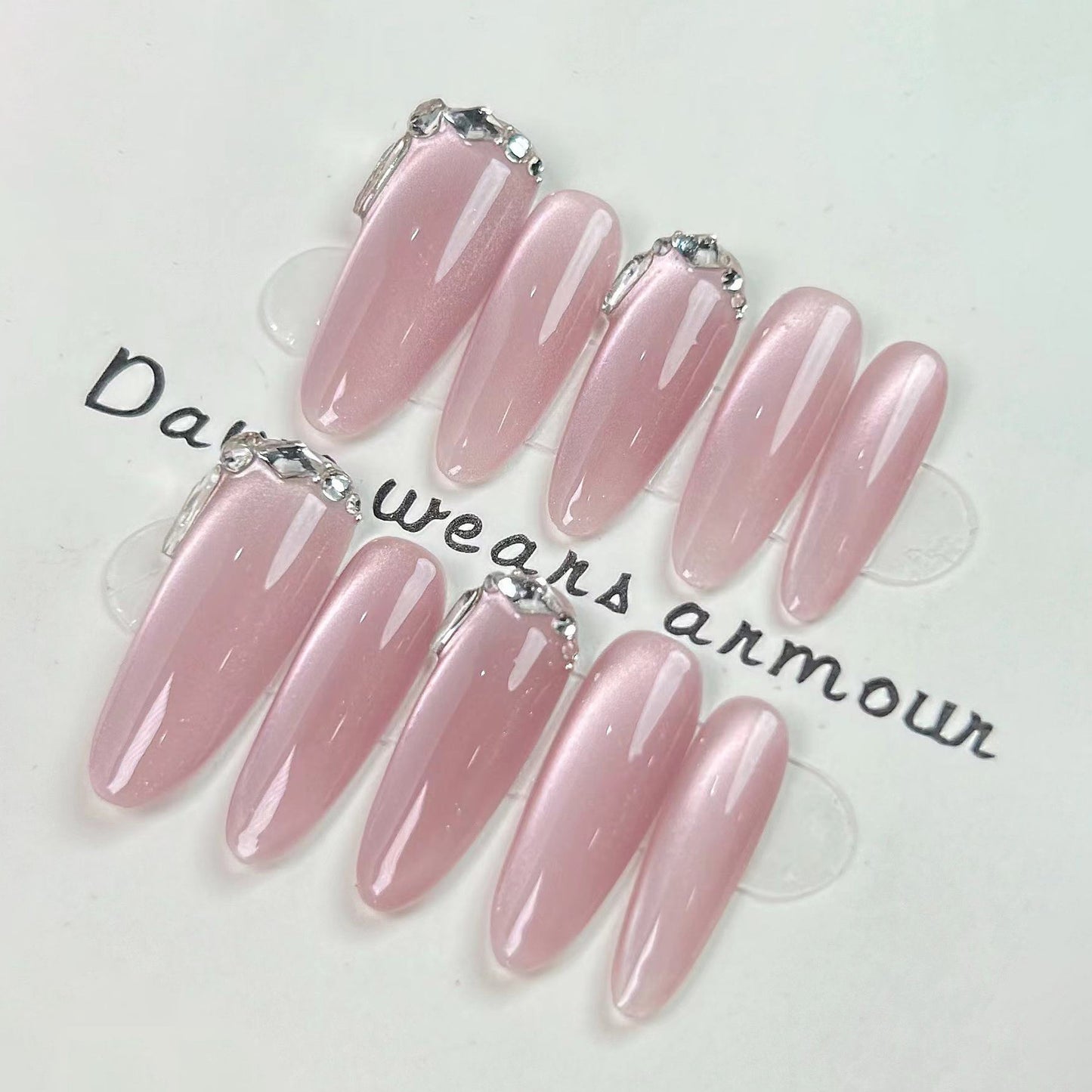 Handmade nail pink crystal gemstone long almond nail art fake nails