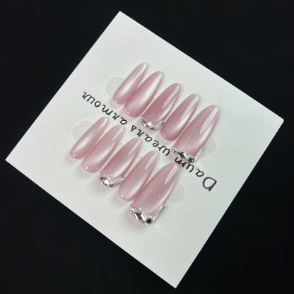 Handmade nail pink crystal gemstone long almond nail art fake nails