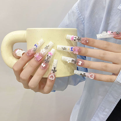 handmade nail pink diamond cute cross decora press on nails