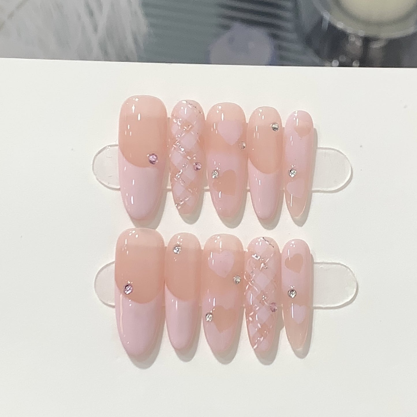 pink gradient love pattern almond press on nails