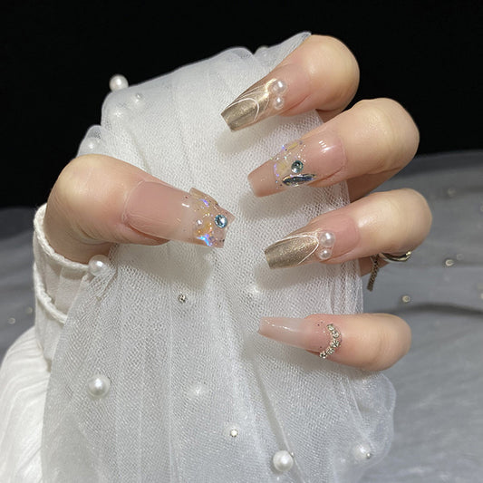 Handmade gradient French pink pearl medium coffin fake nails