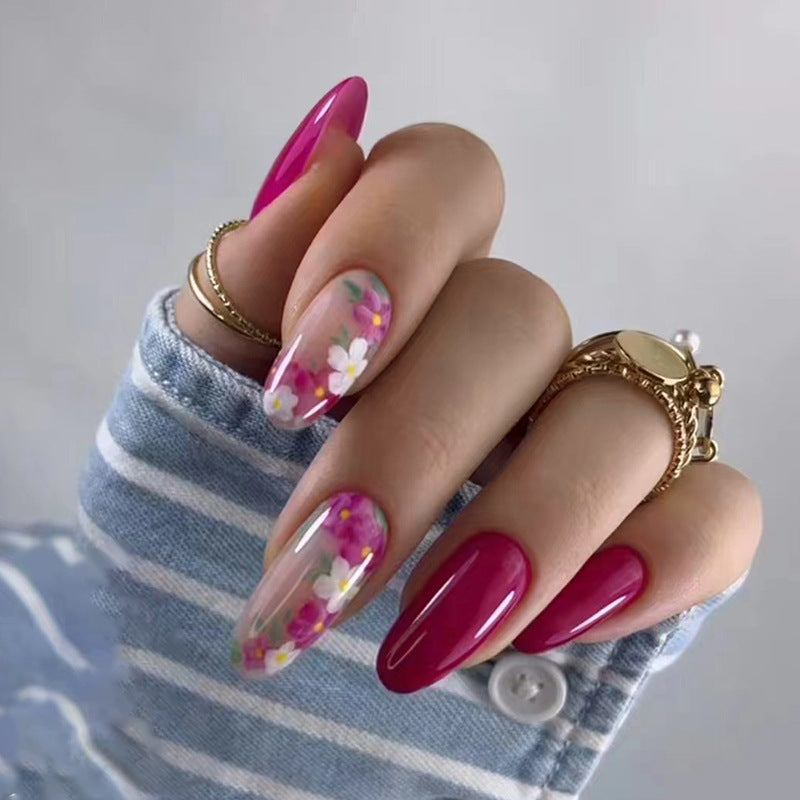 Oval shape flore design rose pink pure color long women press on nail