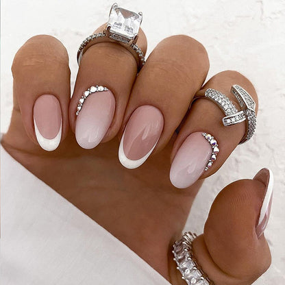 Gentle small diamond women pink French design gel stiker short press on nail