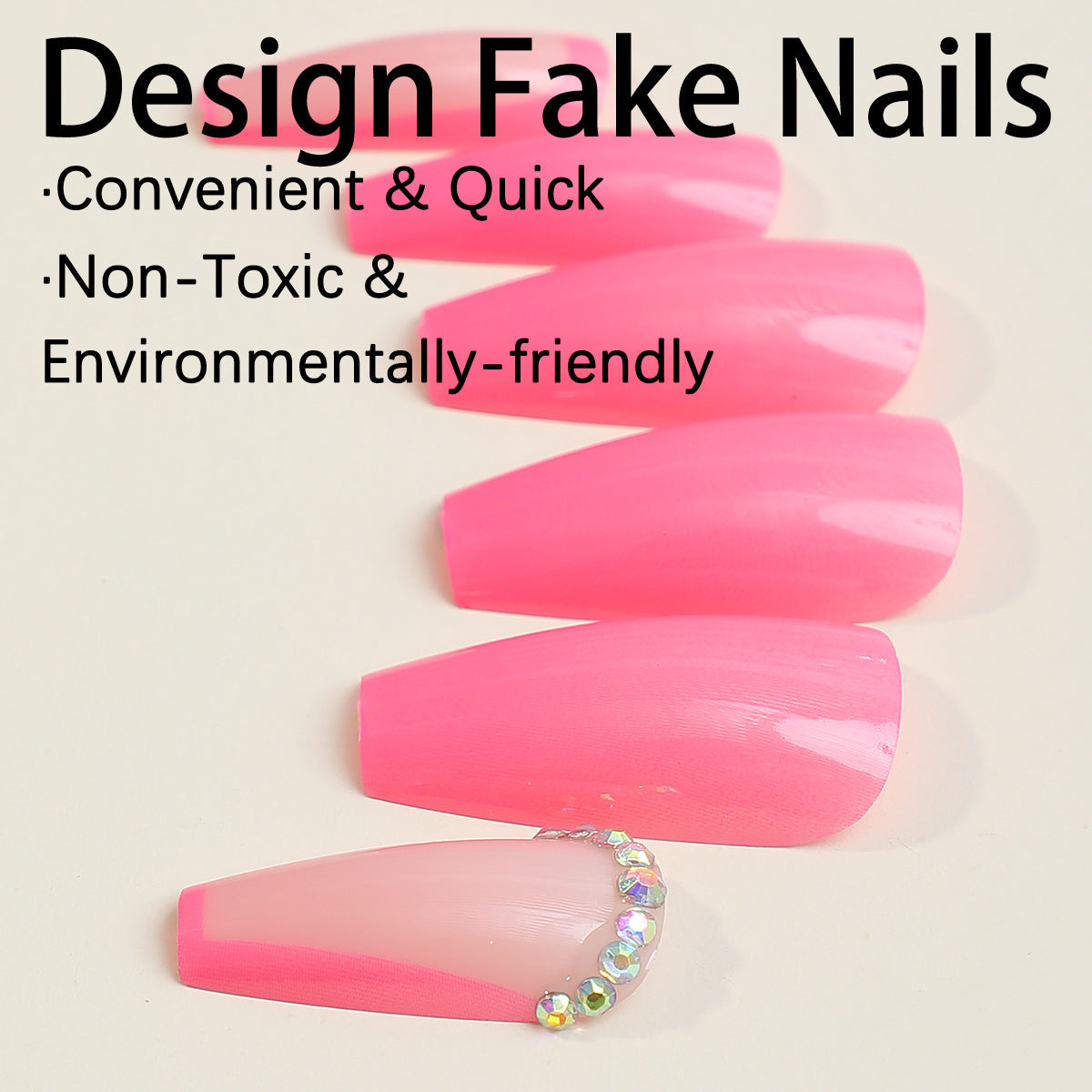 Women fake nail pure pink line diamond coffin simple press on nail