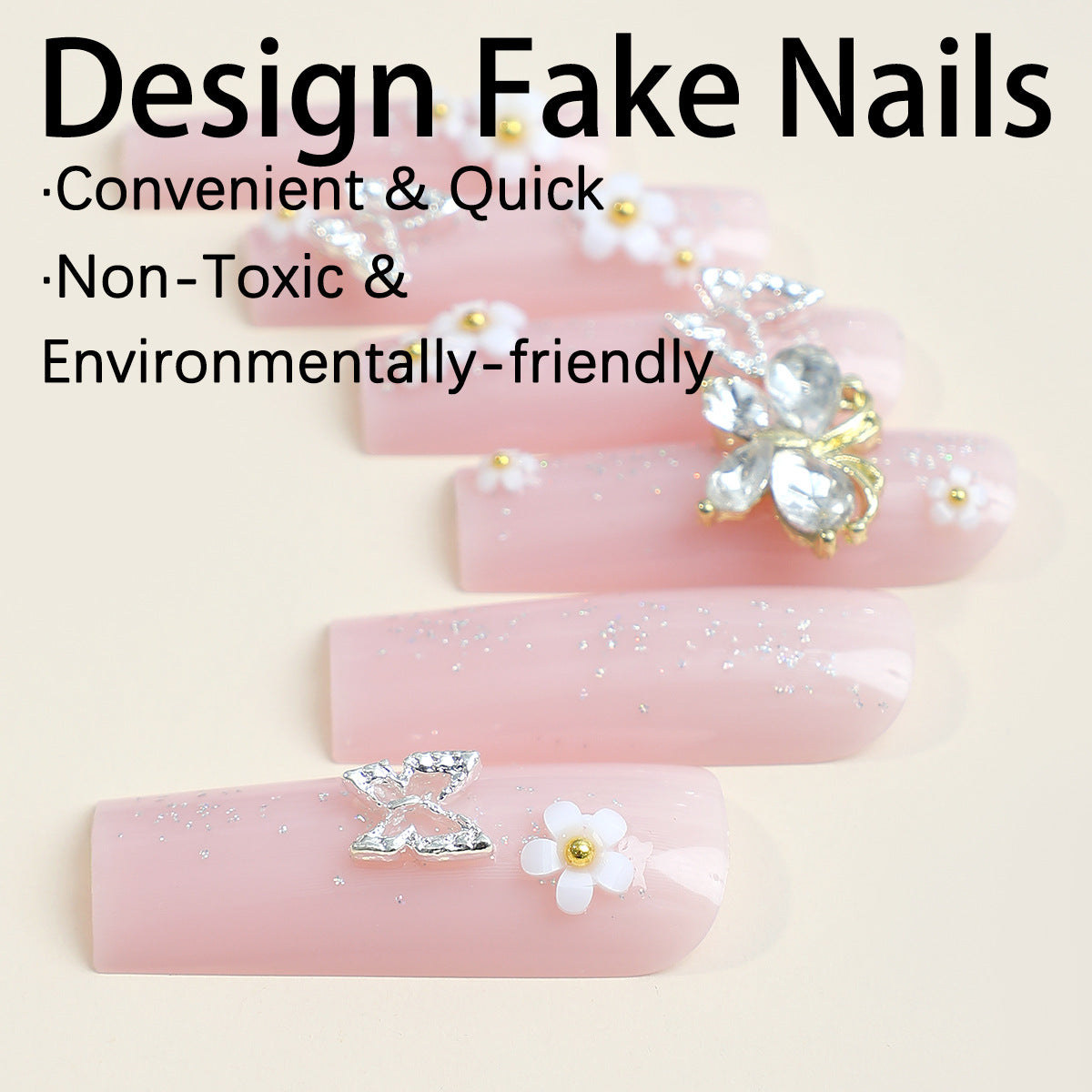 Beauty long design sqaure shape women nail pink pure color press on nail with 3D butttlefly