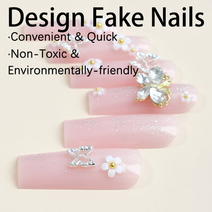 Beauty long design sqaure shape women nail pink pure color press on nail with 3D butttlefly