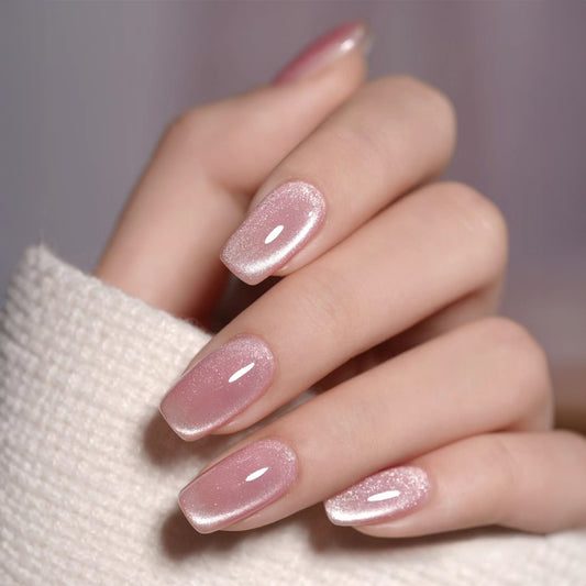 Nude pink glitter powder glaze sqaure press on nail for women