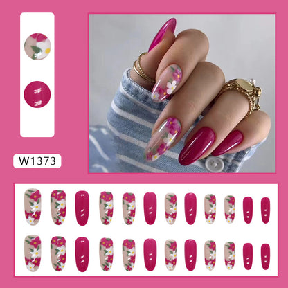 Oval shape flore design rose pink pure color long women press on nail