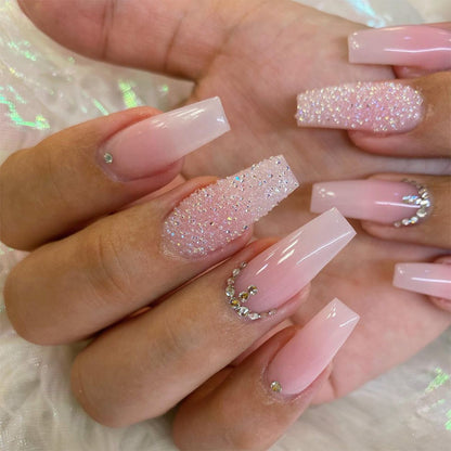 Daily wear nude pink false nail glitter powder coffin press on nail for women