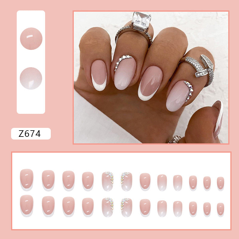 Gentle small diamond women pink French design gel stiker short press on nail