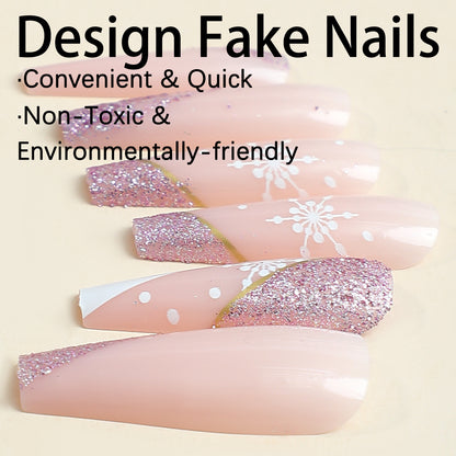 Romantic pink dusted snowflake print French design press on nail for ladies