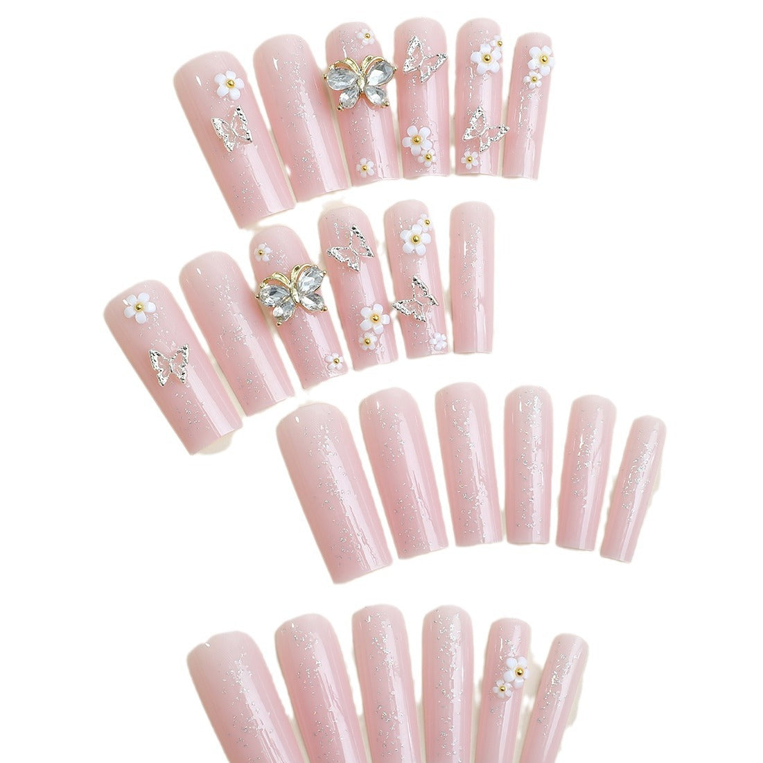 Beauty long design sqaure shape women nail pink pure color press on nail with 3D butttlefly