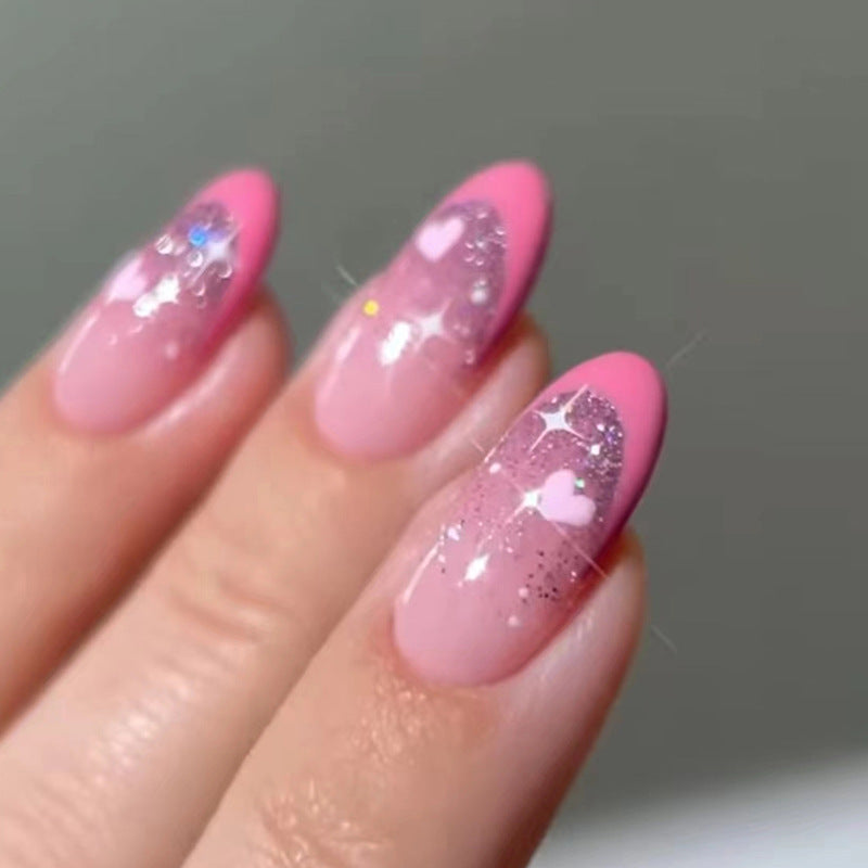 Bling sweet pink French design girl press on nail with heart shape