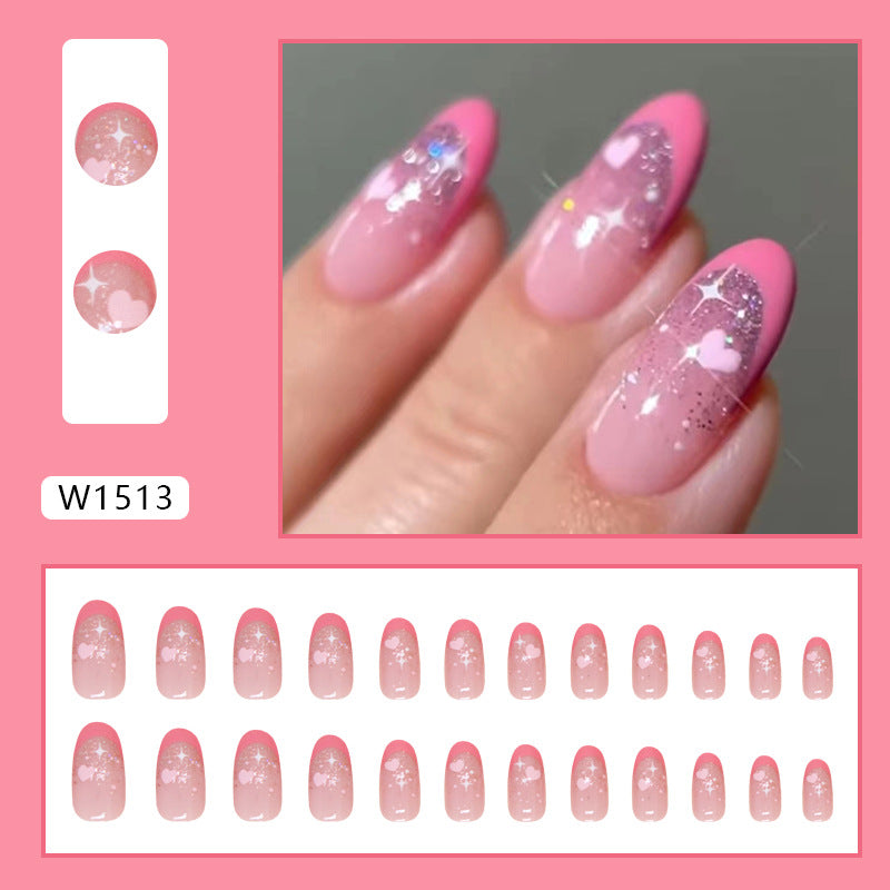 Bling sweet pink French design girl press on nail with heart shape