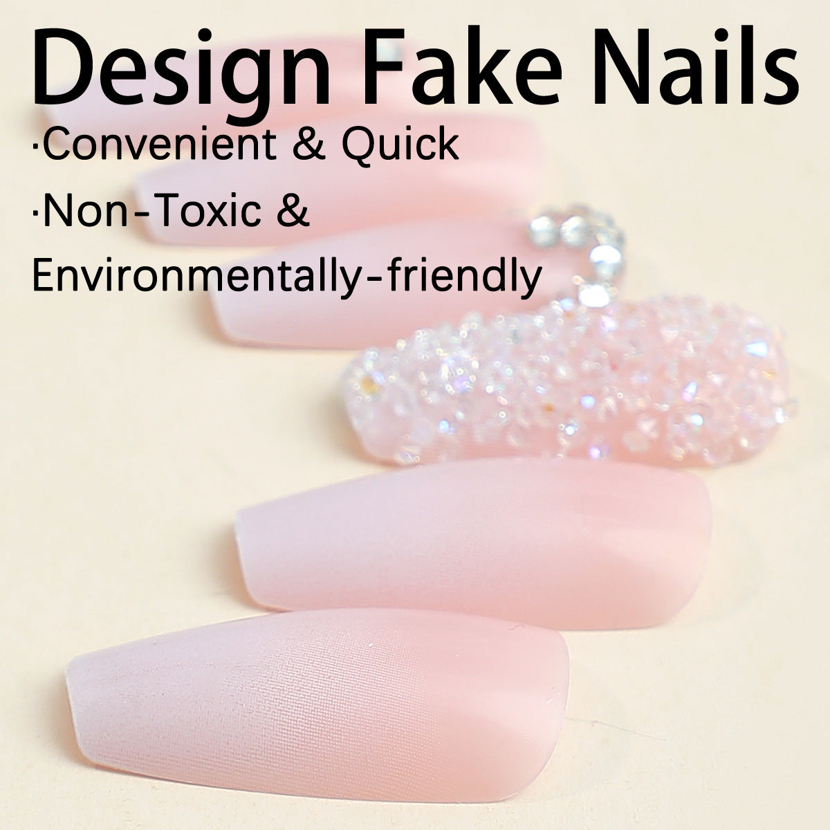 Daily wear nude pink false nail glitter powder coffin press on nail for women